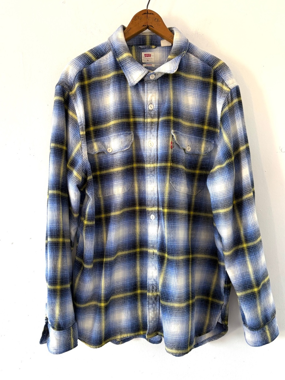 Modern does 1940s Levi's Blue Plaid Button-Up two pocket cotton Shirt XL